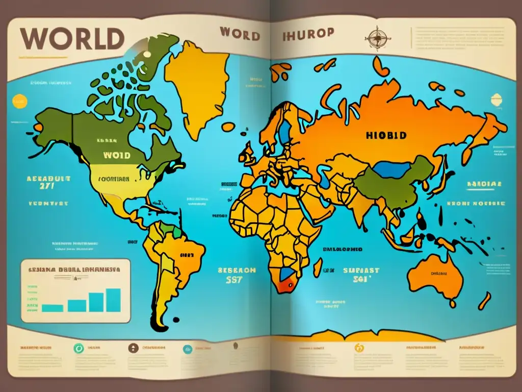 Mapa vintage destaca regiones emergentes y capital riesgo tecnológico en ilustraciones detalladas y colores vibrantes