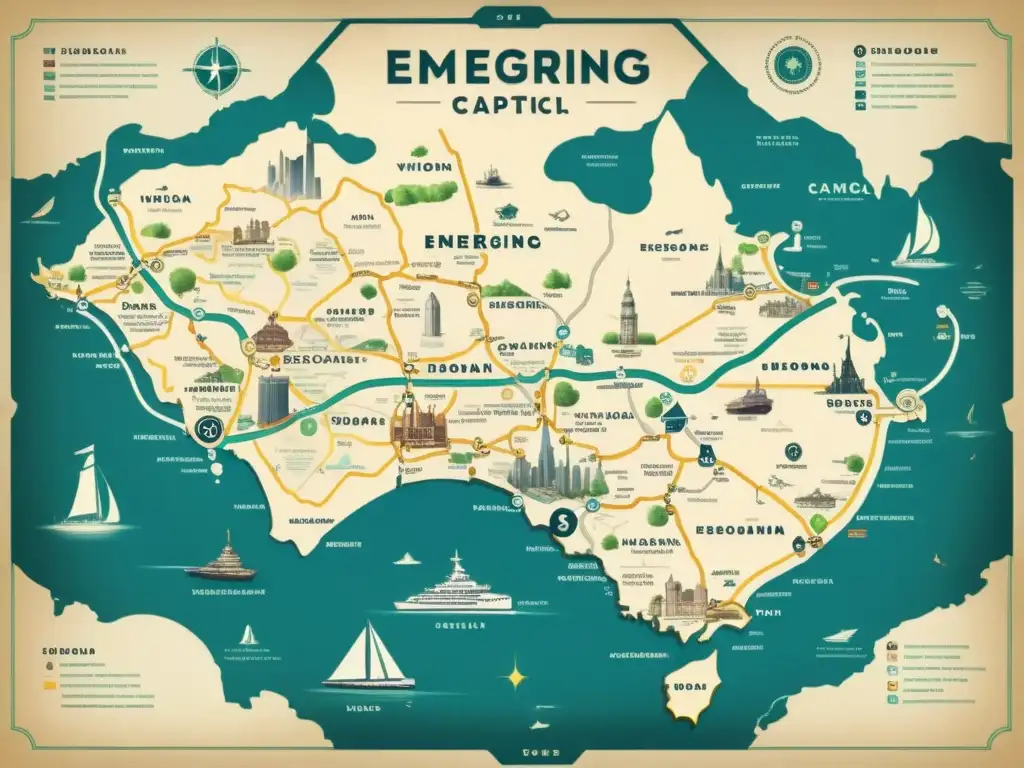 Mapa vintage de regiones emergentes en el capital riesgo tecnológico, con detalles de ciudades, rutas de transporte y centros de inversión