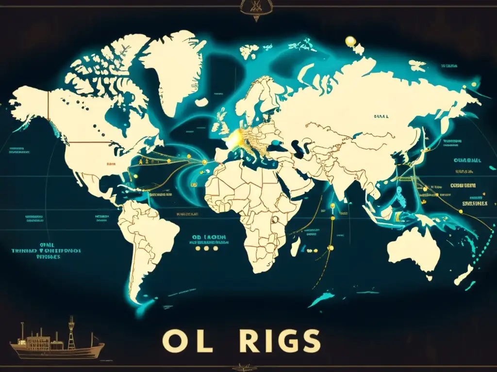 Mapa vintage con rutas de transporte y plataformas petrolíferas en tonos oscuros