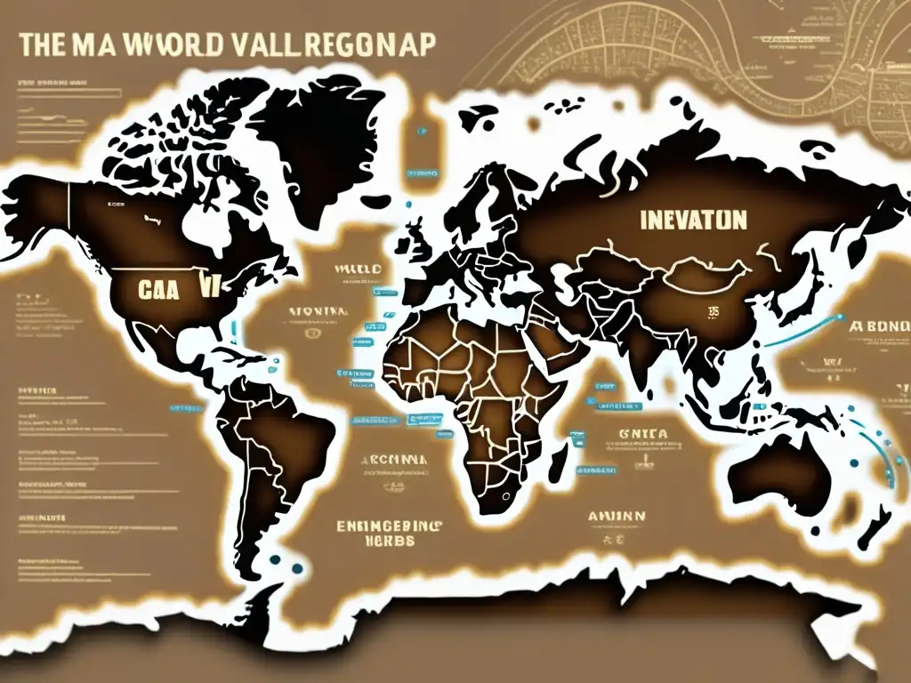 Un mapa vintage en tonos sepia muestra las regiones emergentes en el panorama de capital riesgo tecnológico, con anotaciones caligráficas