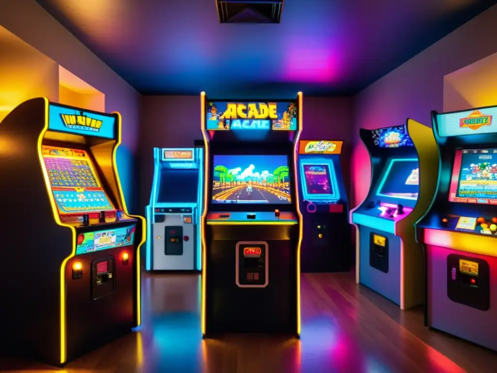 Una máquina de arcade vintage iluminada con luces parpadeantes rodeada de gente emocionada jugando