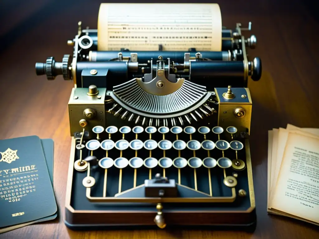 Una fotografía vintage de la Máquina Enigma, con sus intrincados componentes mecánicos y teclas de aspecto de máquina de escribir, enmarcada por documentos históricos y códigos criptográficos