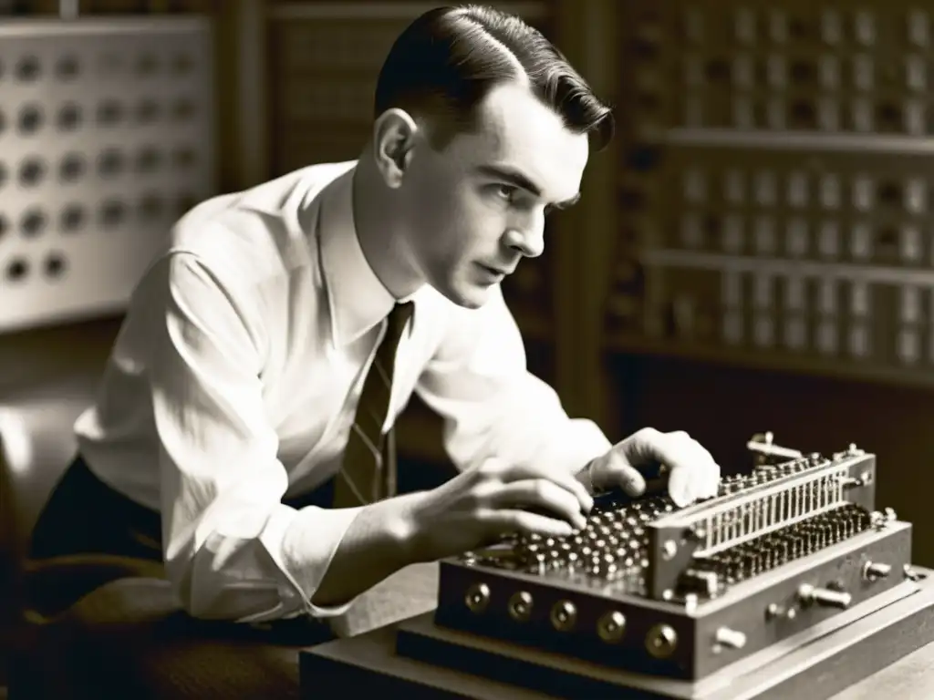 Alan Turing trabajando en la máquina Enigma durante la Segunda Guerra Mundial, evocando la importancia de la criptografía moderna y ciberseguridad