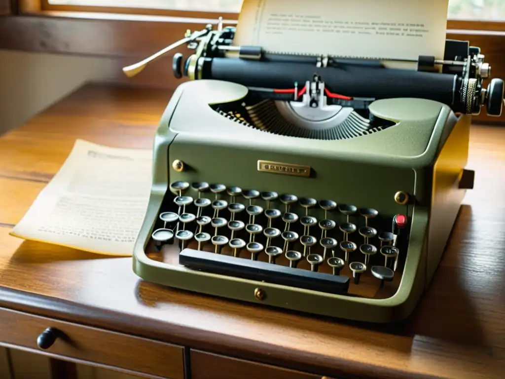 Una máquina de escribir vintage en un escritorio de madera iluminado por luz natural, con un ambiente nostálgico y lleno de historia