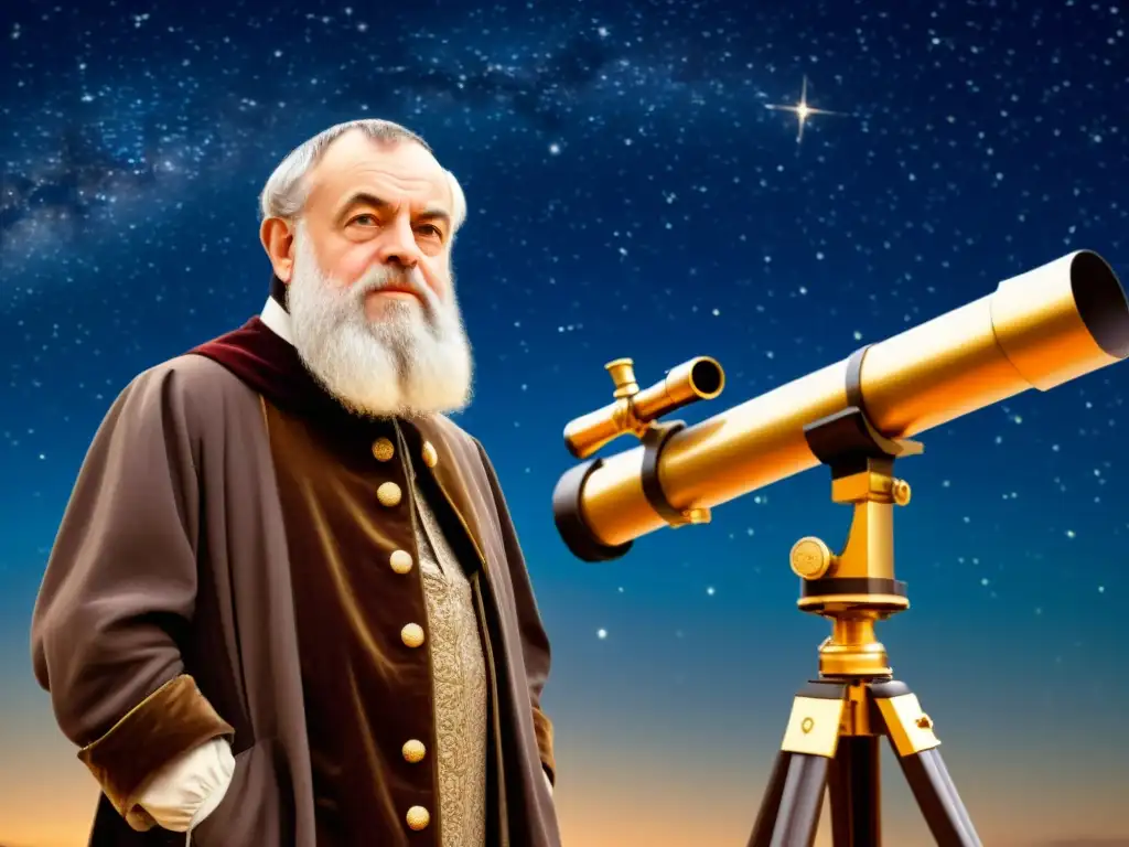 Galileo maravillado observa a través del telescopio la expansión del universo, lleno de estrellas y cuerpos celestes en el horizonte