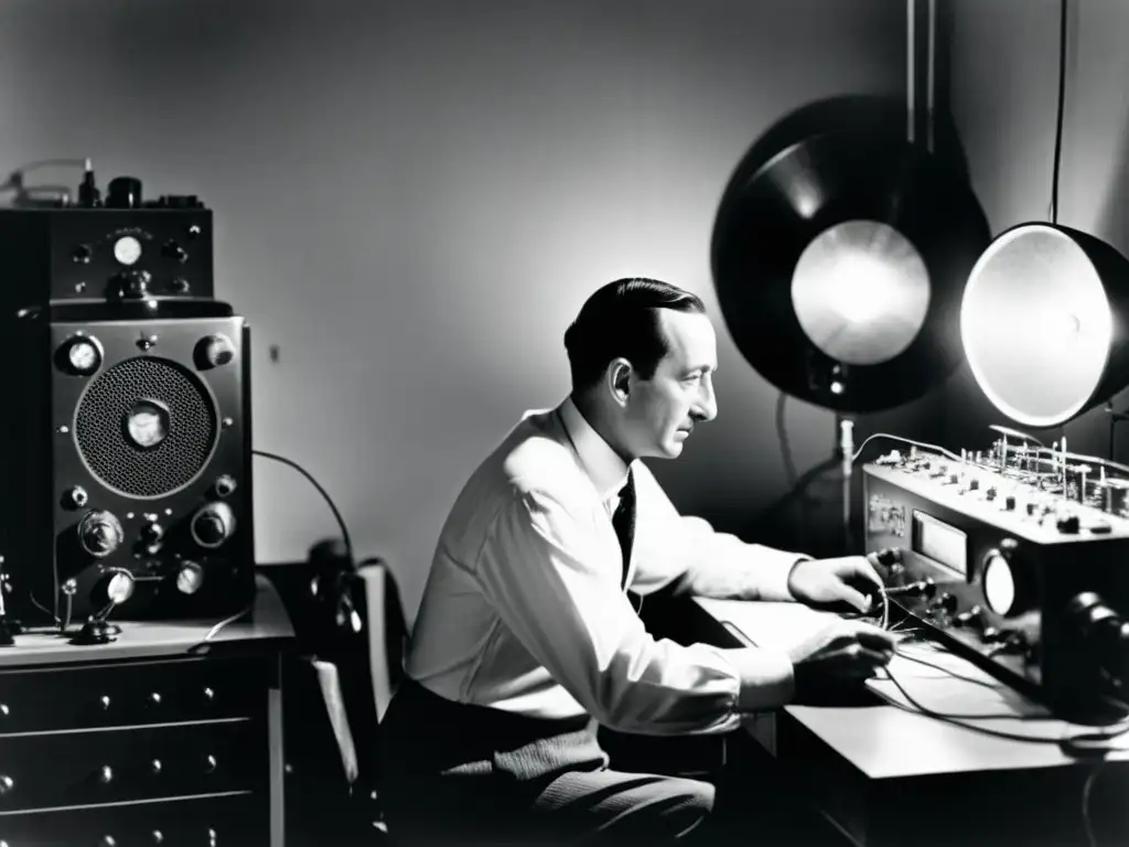 Guglielmo Marconi experimenta con su equipo de radio en una habitación iluminada por el cálido resplandor de la tecnología