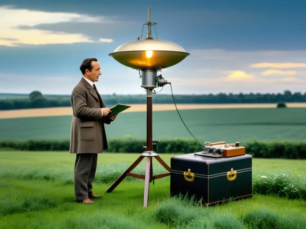 Guglielmo Marconi realizando experimentos de transmisión de radio con antena en campo, rodeado de tecnología del siglo 19