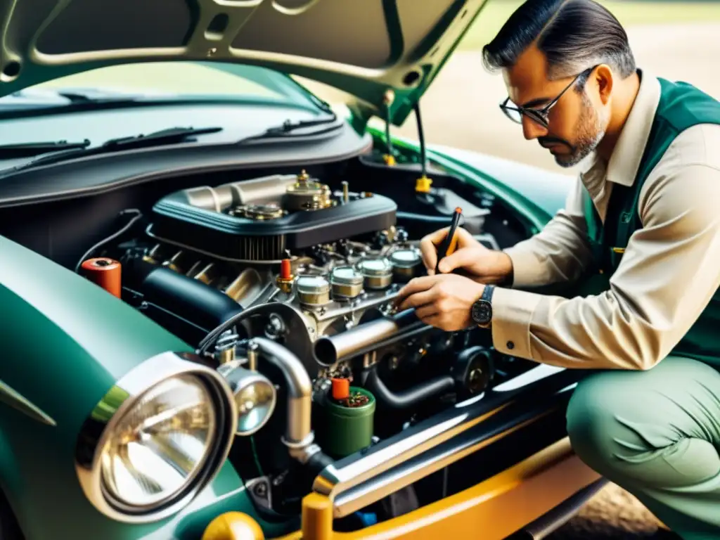 Un mecánico inspecciona detalladamente el motor de un auto híbrido, rodeado de herramientas y equipos