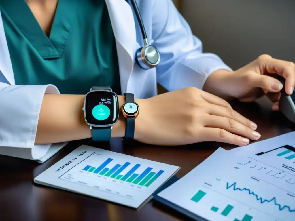 Un médico atento utiliza un smartwatch para monitorear a distancia, transmitiendo confianza en los beneficios de la asistencia médica remota