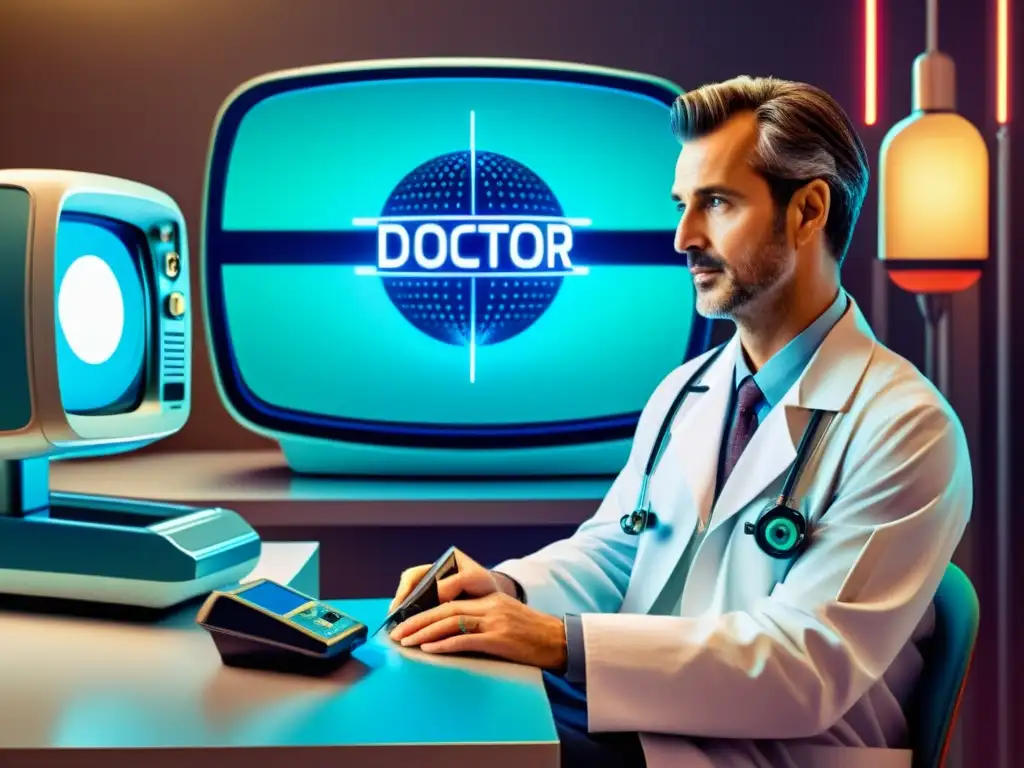 Un médico realiza una consulta de telemedicina retrofuturista con un paciente en un televisor vintage