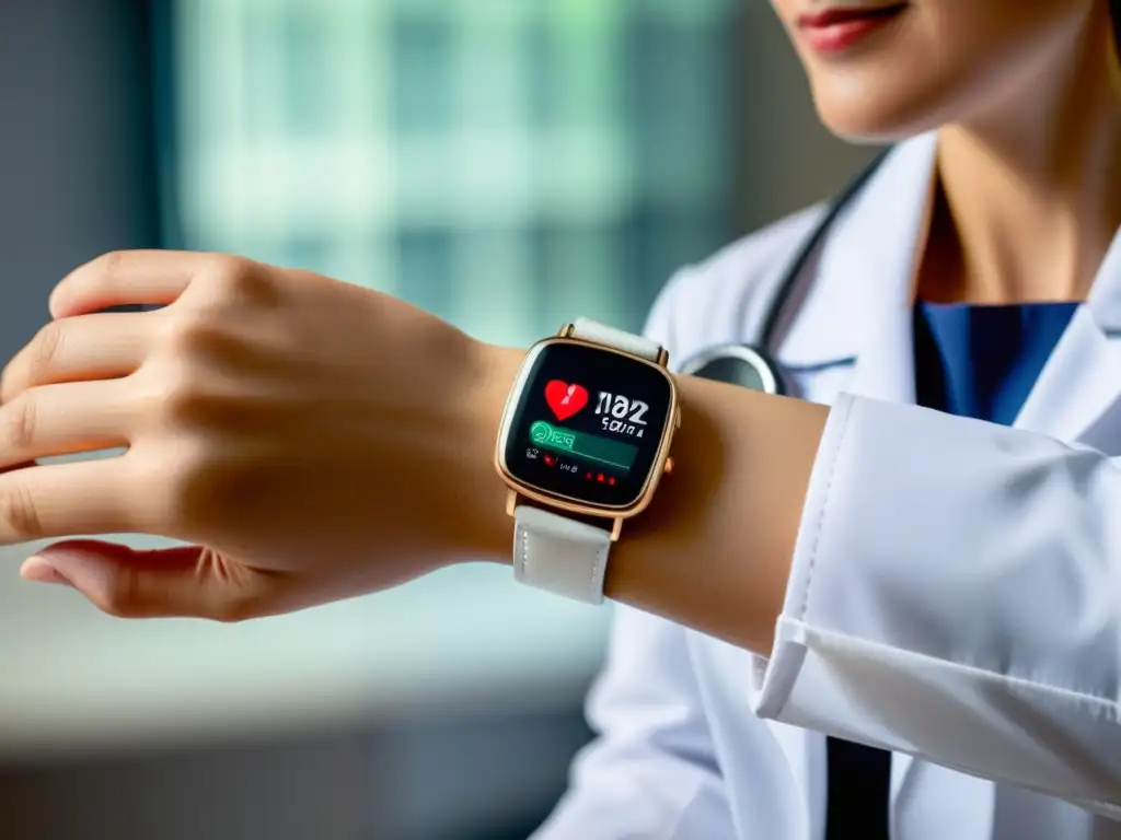 Un médico escucha el corazón de un paciente con un estetoscopio clásico, mientras su smartwatch muestra el ritmo cardíaco en tiempo real