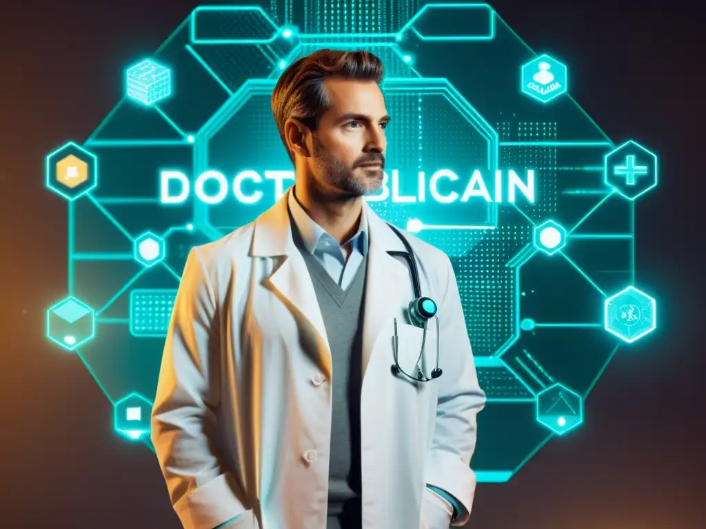 Un médico experto examina un holograma de blockchain en una escena vintage, con iconos médicos flotando