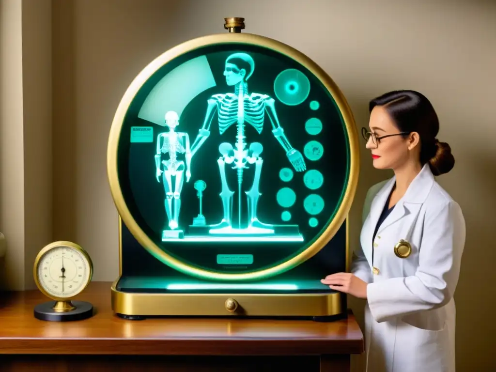 Un médico y paciente junto a una antigua máquina de rayos X, resaltando la importancia de la radiografía médica con su estética vintage en sepia