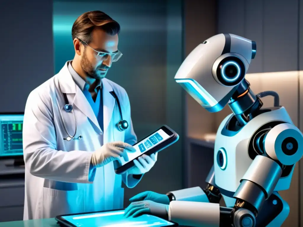 Un ilustración vintage muestra a un médico supervisando a un robot en una cirugía