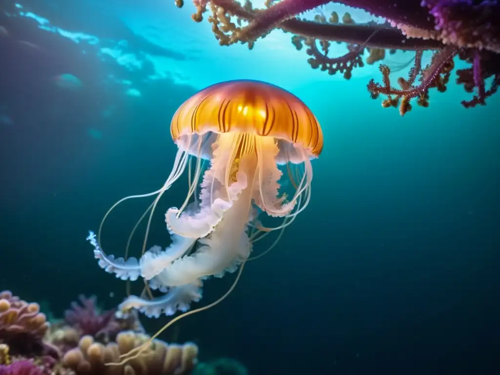 Una medusa bioluminiscente en las profundidades oceánicas, rodeada de vida marina colorida