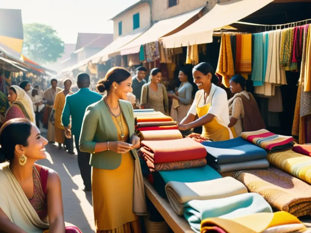 Un mercado bullicioso de moda sostenible: textiles coloridos, conversaciones animadas, sonrisas genuinas y una cálida luz dorada