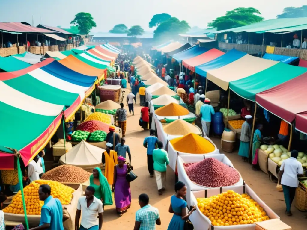 Un mercado bullicioso en un país en desarrollo, con colores vibrantes y personas intercambiando bienes