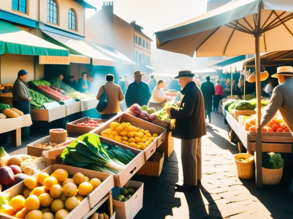 Un mercado bullicioso con puestos de frutas, verduras y carnes