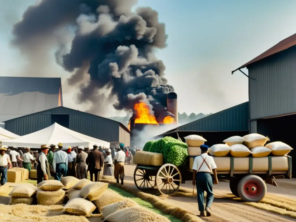 Mercado agrícola del siglo XX con desarrollo histórico de biocombustibles: trabajadores procesan cultivos y fábrica industrial emite humo