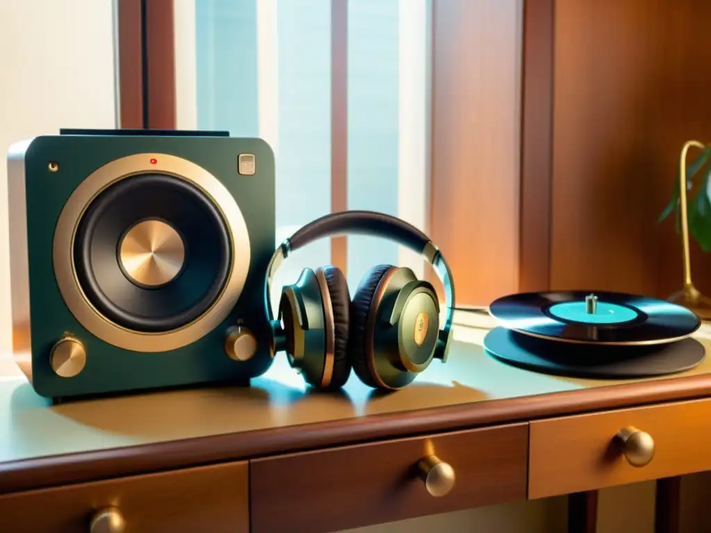 Una mesa vintage con auriculares inalámbricos avanzados de diferentes épocas, rodeada de vinilos y una radio antigua, evocando nostalgia y tiempo