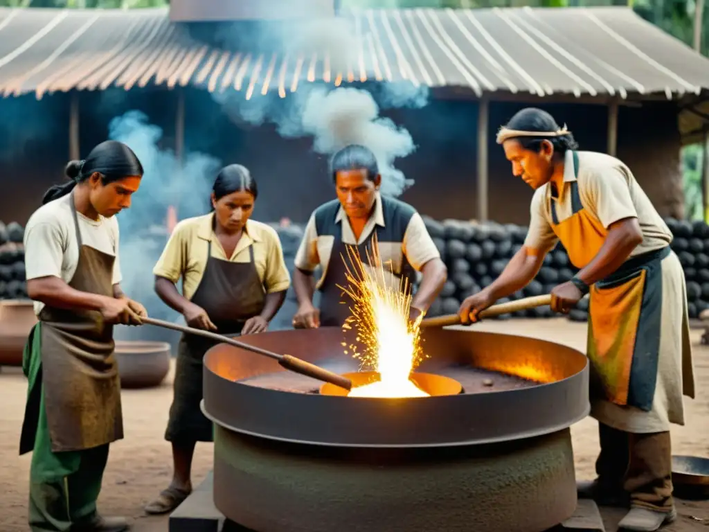 Metalworkers sudamericanos fundiendo metal en horno, rodeados de exuberante vegetación