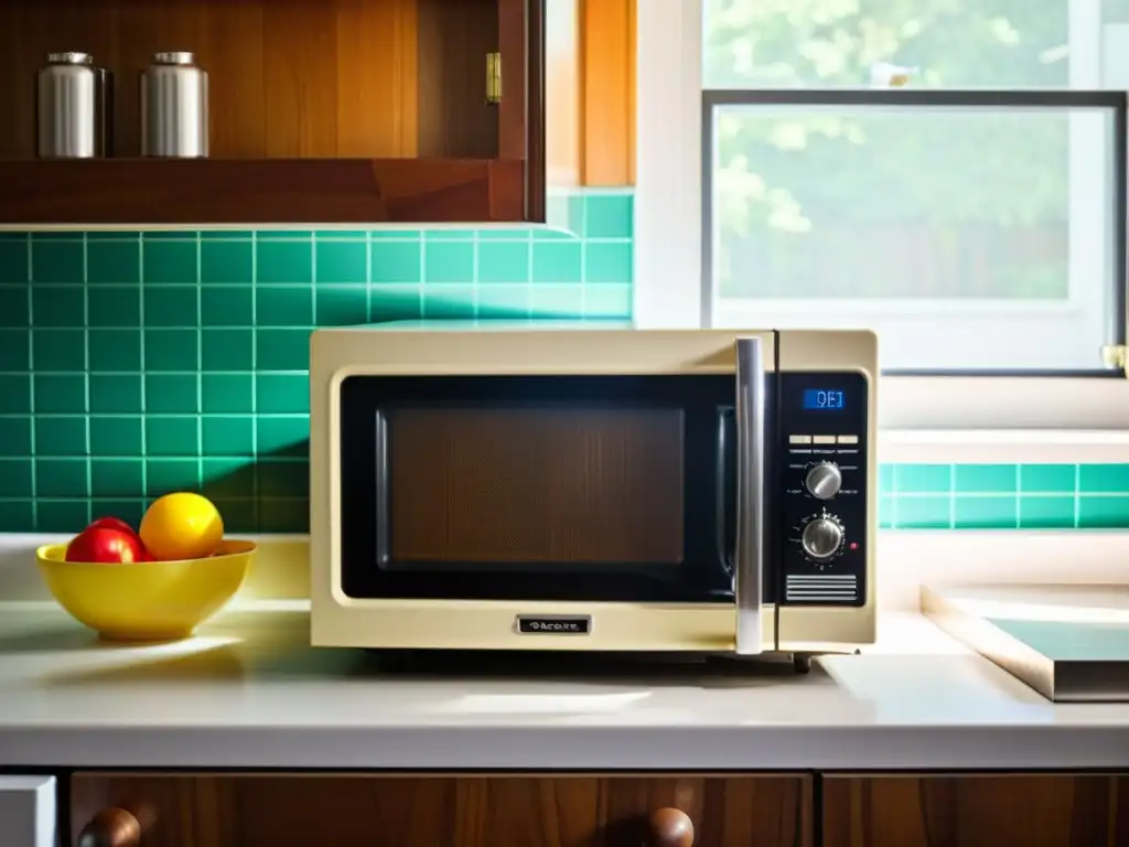 Un microondas vintage ilumina la cocina con un ambiente acogedor y retro