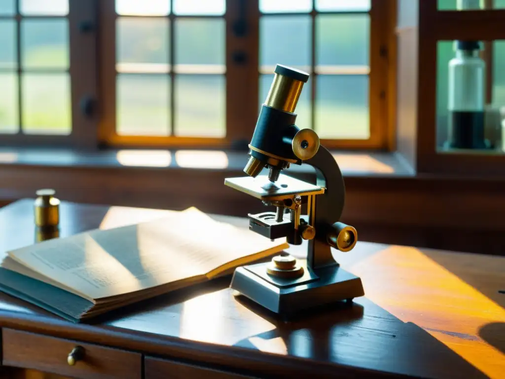 Un microscopio antiguo, con detalles de latón, sobre una mesa de laboratorio