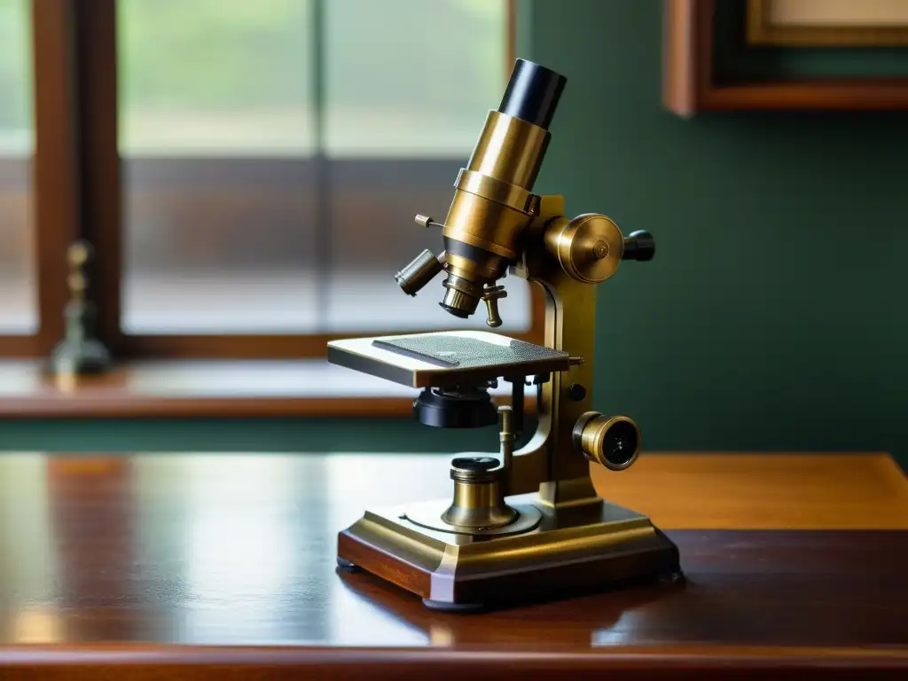 Microscopio de latón antiguo sobre mesa de cuero, iluminado por la ventana