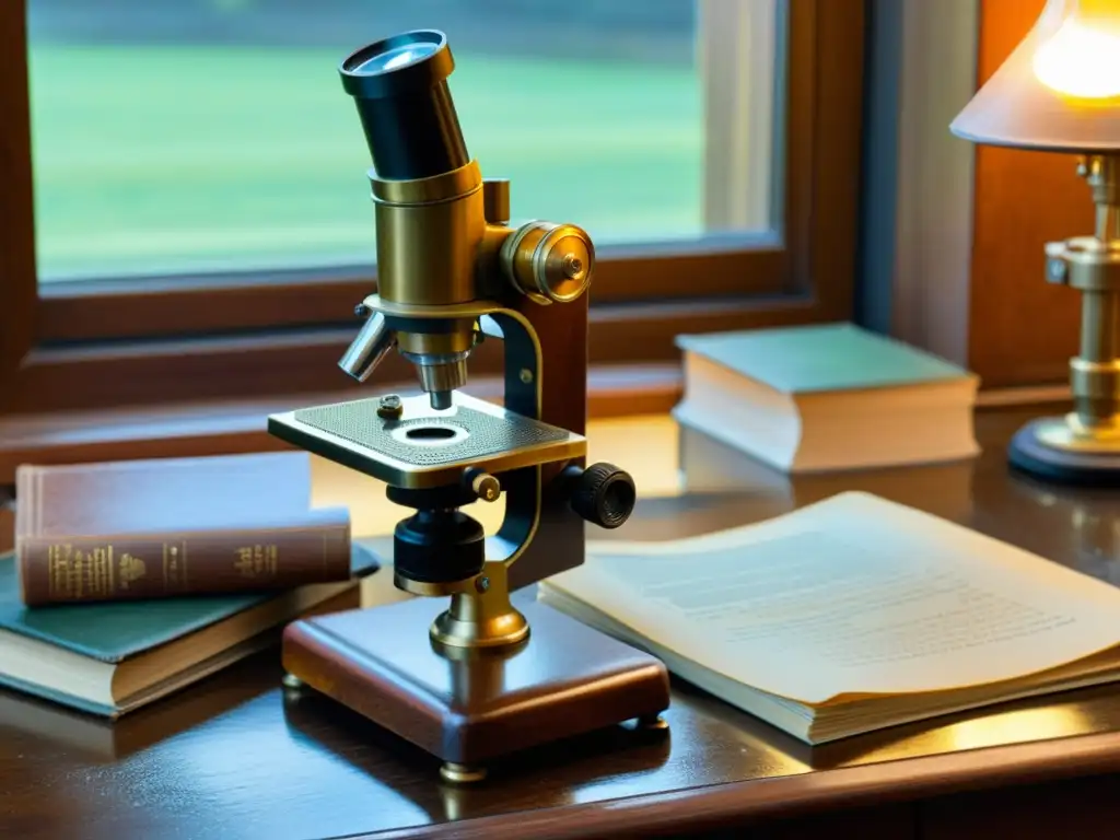 Un microscopio vintage de latón detallado sobre una base de madera, iluminado por la luz cálida de una ventana