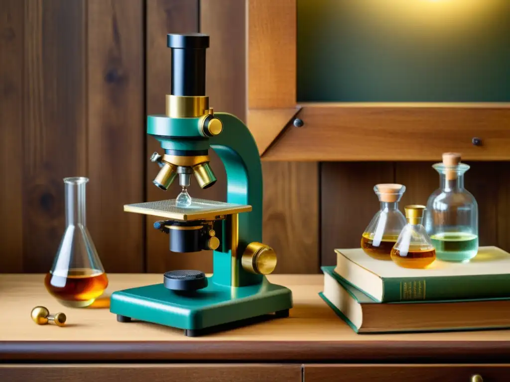 Un microscopio vintage detallado muestra el impacto microbiota salud farmacéutica en un laboratorio antiguo, con un ambiente cálido y científico