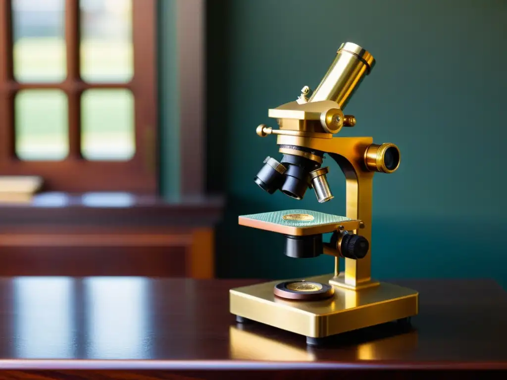 Un microscopio vintage de latón detallado reposa sobre una mesa de caoba oscura, iluminado por la luz