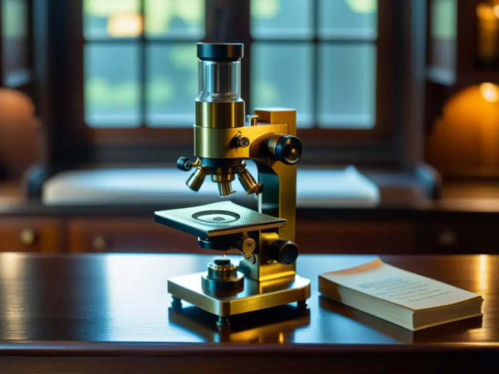 Un microscopio vintage con detalles de latón y grabados intrincados, en una mesa de madera pulida en un laboratorio con poca luz