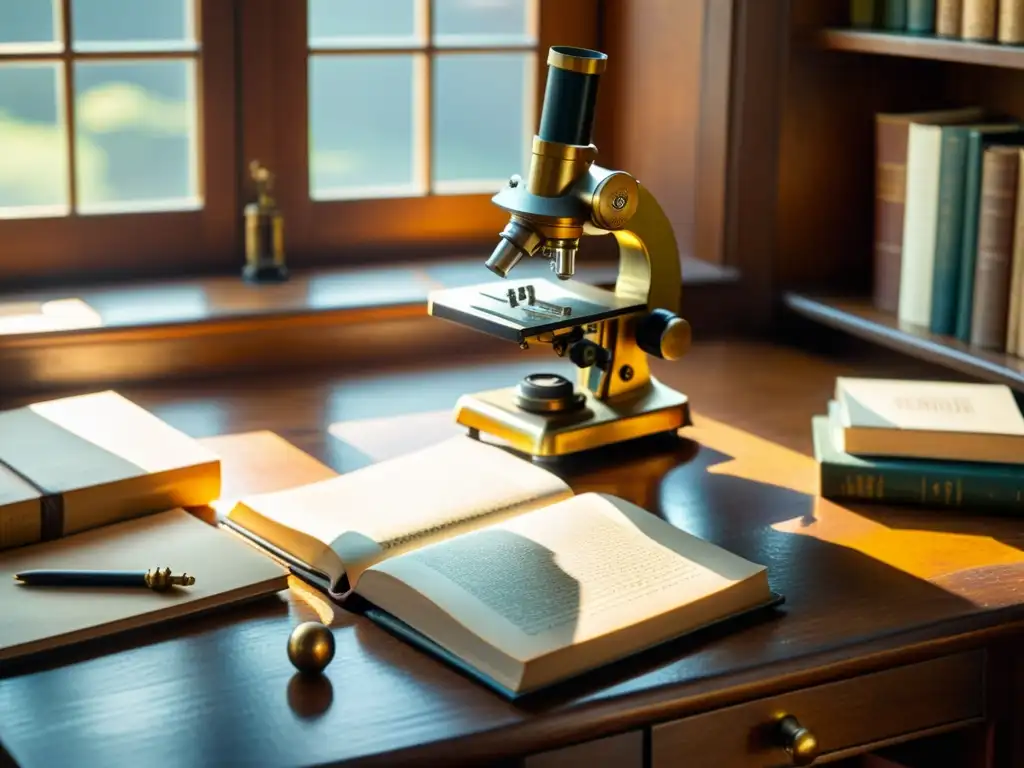 Un microscopio vintage con detalles de latón descansa sobre una mesa de madera desgastada, rodeado de libros antiguos y notas manuscritas