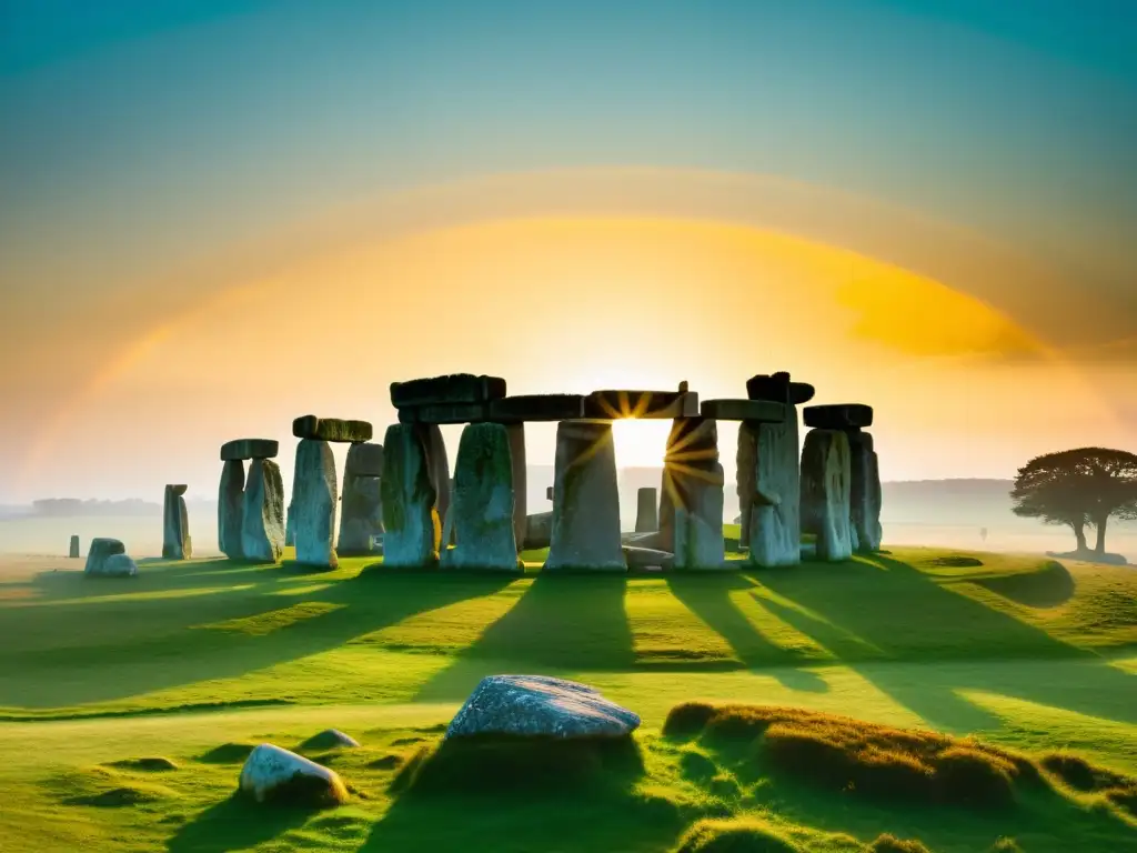Amanecer místico en Stonehenge: sombras doradas entre la niebla La mística atmósfera de Stonehenge al amanecer, con luz dorada y sombras largas en las construcciones megalíticas antiguas explicadas