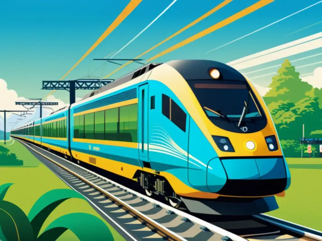 Un moderno tren eléctrico avanza velozmente por la vía, rodeado de exuberante vegetación y cielo azul