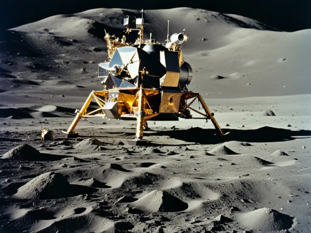 El módulo lunar de la misión Apollo 11 en la superficie lunar, destaca la tecnología detrás del Apolo 11 y la grandeza del logro humano