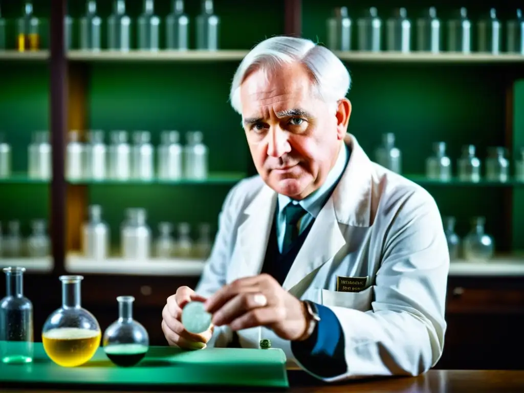 Alexander Fleming examina el moho en su laboratorio, destacando la importancia histórica del descubrimiento de la penicilina