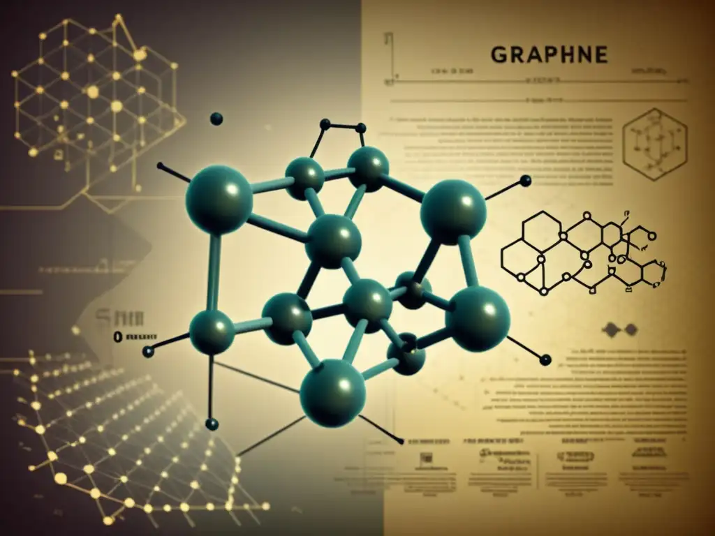 Una ilustración vintage de una molécula de grafeno, detallada y rodeada de ecuaciones científicas