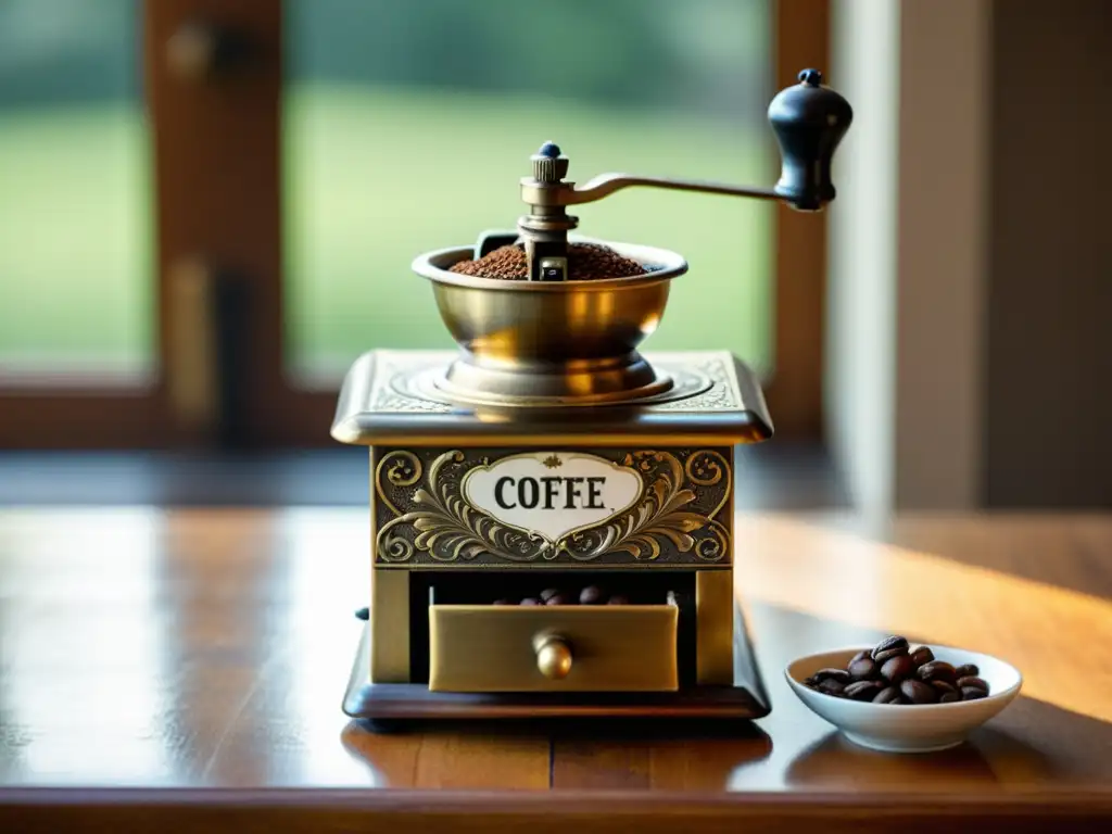 Un molinillo de café antiguo en una mesa de madera, rodeado de granos de café, una taza de espresso y luz dorada