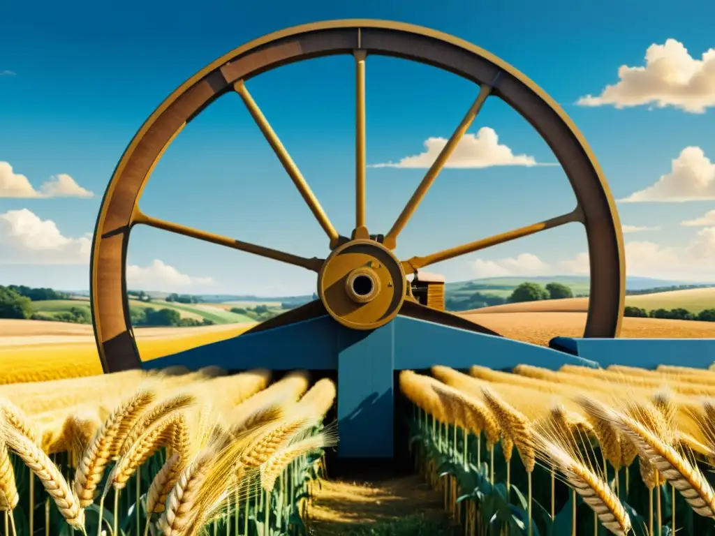 Un molino de agua tradicional en un paisaje campestre, con campos de trigo dorado y cielo azul