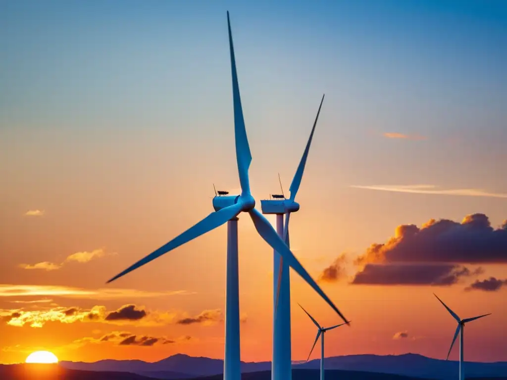 Un molino de viento moderno en contraste con un atardecer vibrante, evocando innovación sostenible y eficiencia energética del siglo XXI