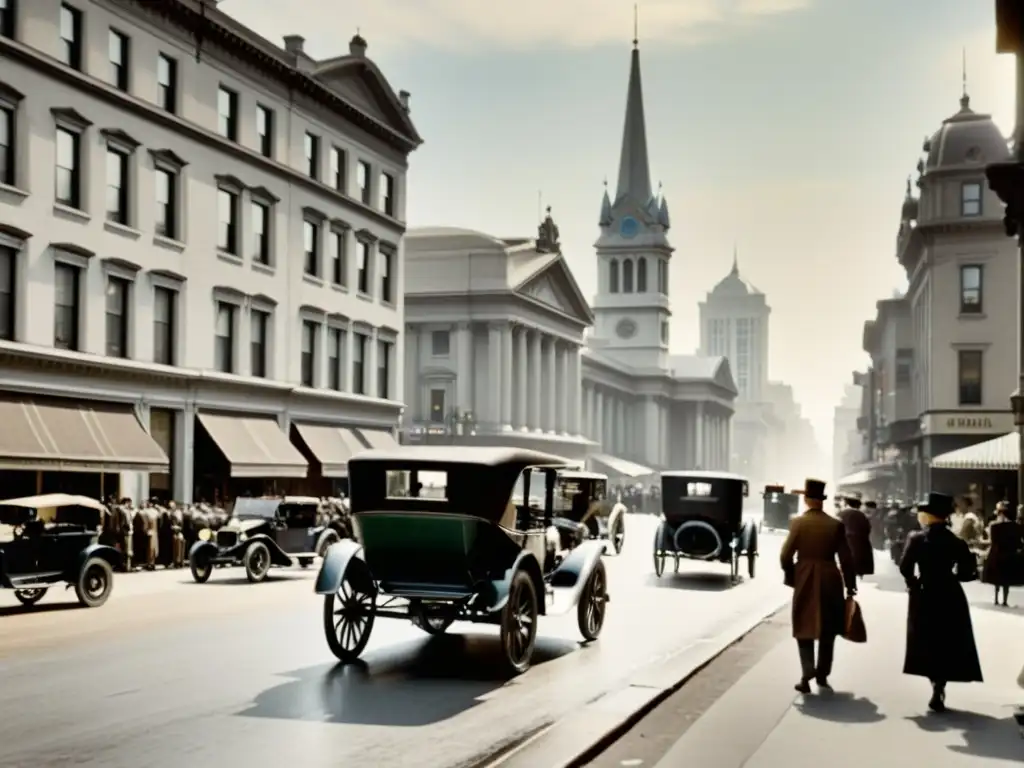 Un momento histórico: una bulliciosa calle de principios del siglo XX, con coches de caballos y automóviles