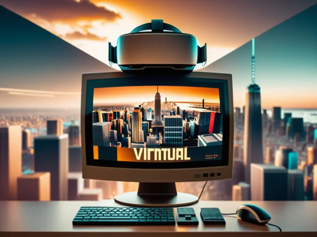 Monitor vintage con auriculares de realidad virtual mostrando ciudad futurista pixelada, evocando desarrollo de software para realidad virtual