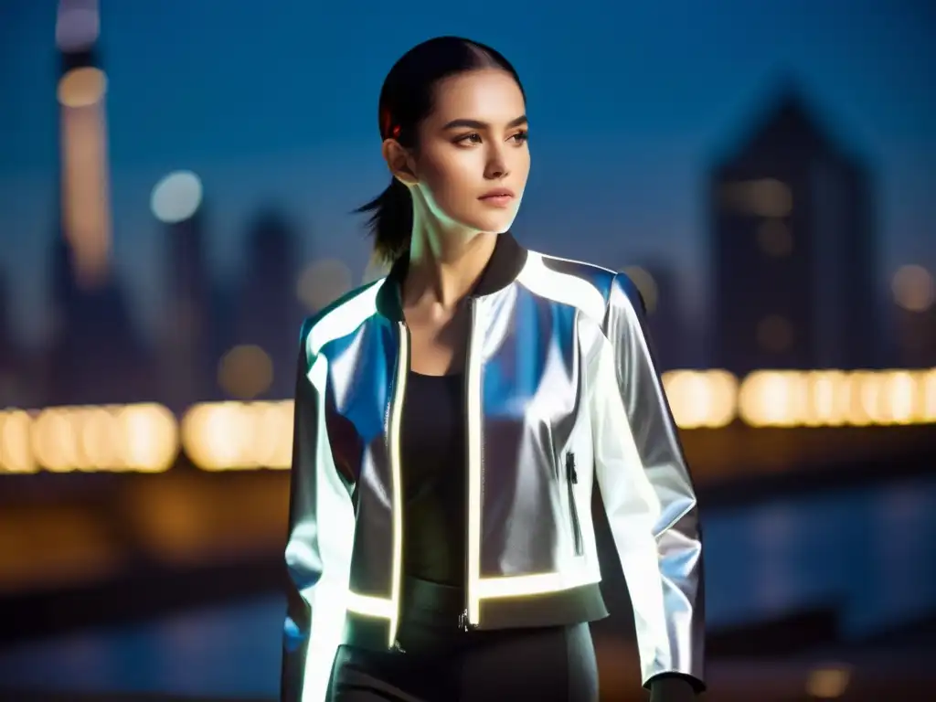 Una mujer lleva una chaqueta inteligente futurista con luces LED, integrando tecnología y moda en la bulliciosa ciudad