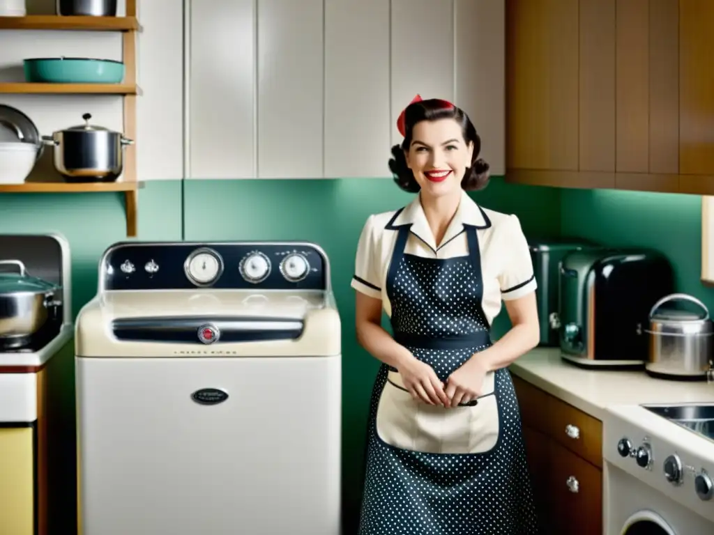 Una mujer se destaca en una cocina de los años 50, orgullosa junto a modernos electrodomésticos