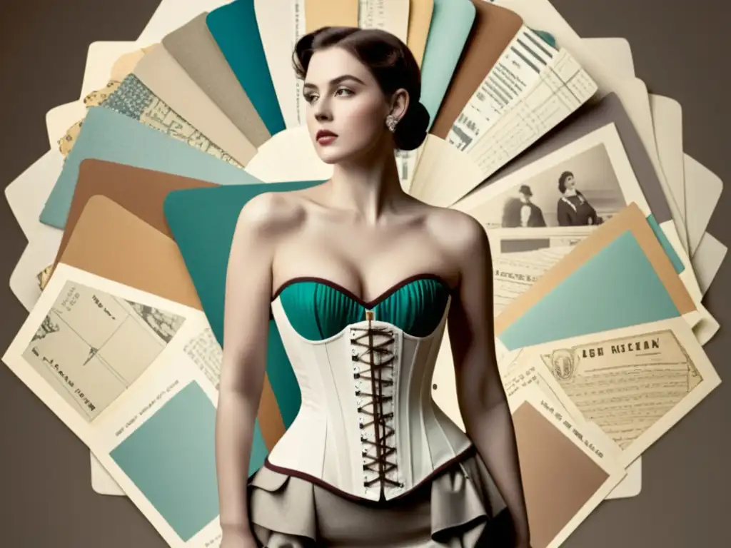 Fotografía vintage de mujer con corset, rodeada de bocetos y telas, simbolizando la evolución de la moda desde el corset al estilo moderno