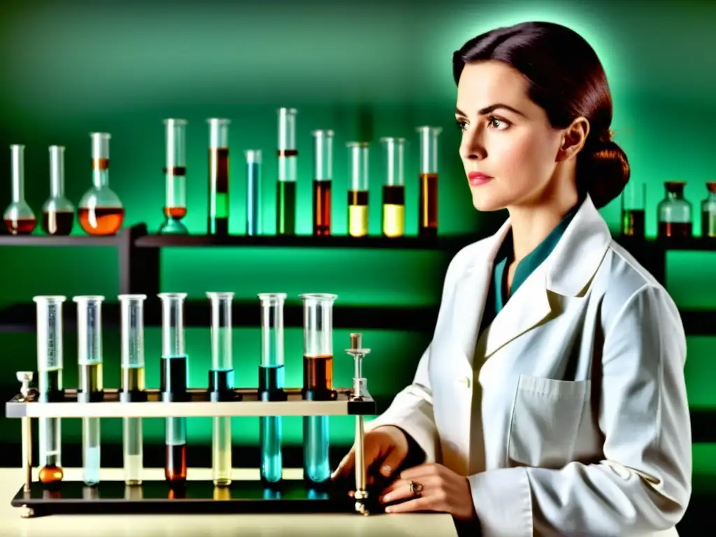 Una ilustración vintage de una mujer en un laboratorio rodeada de equipamiento científico antiguo, realizando experimentos sobre terapias antienvejecimiento con una atmósfera de descubrimiento científico y evolución histórica en biotecnología