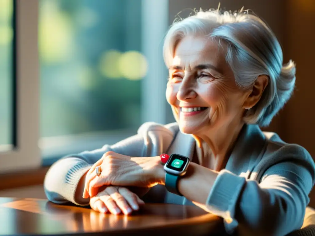 Una mujer mayor disfruta de los beneficios de wearables para tercera edad en su hogar, rodeada de detalles encantadores y una serena sonrisa