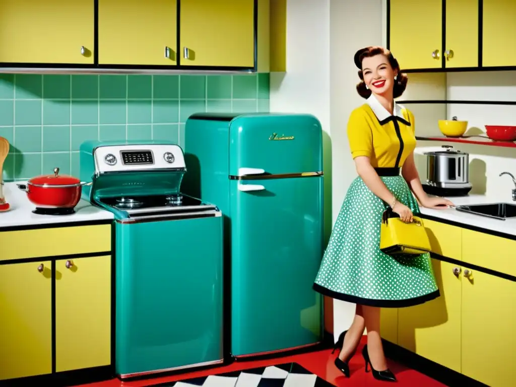 Mujer sonriente en cocina vintage con electrodomésticos modernos, evocando la evolución y rol emancipador de la mujer en el hogar en los años 50