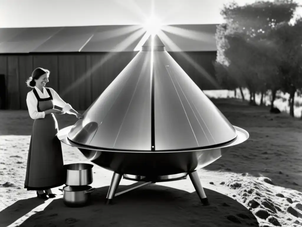 Una mujer sonriente ajusta un elaborado cocinero solar, evocando la evolución de la cocina solar con elegancia y tecnología